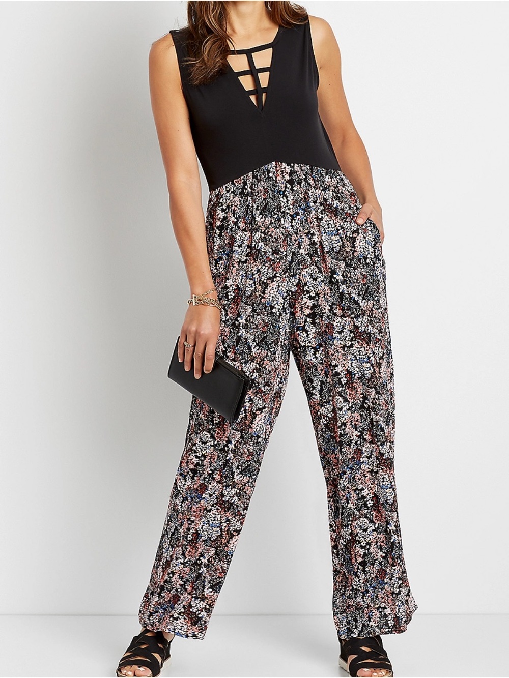 Maurices Black Floral Strappy Neck Jumpsuit Womens XS